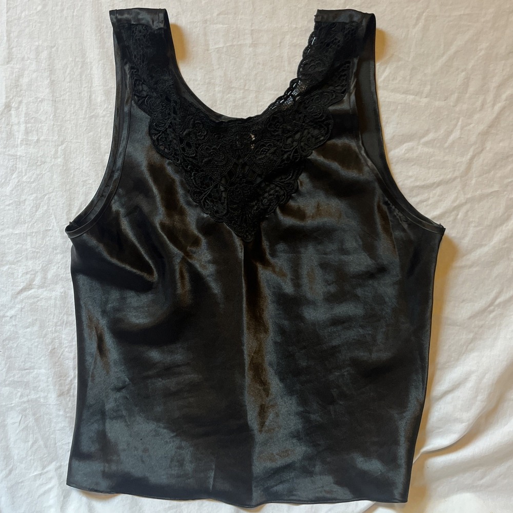 Vintage Cinema Etoile Camisole Large Black Silky Satin Lace Vintage Lingerie Top